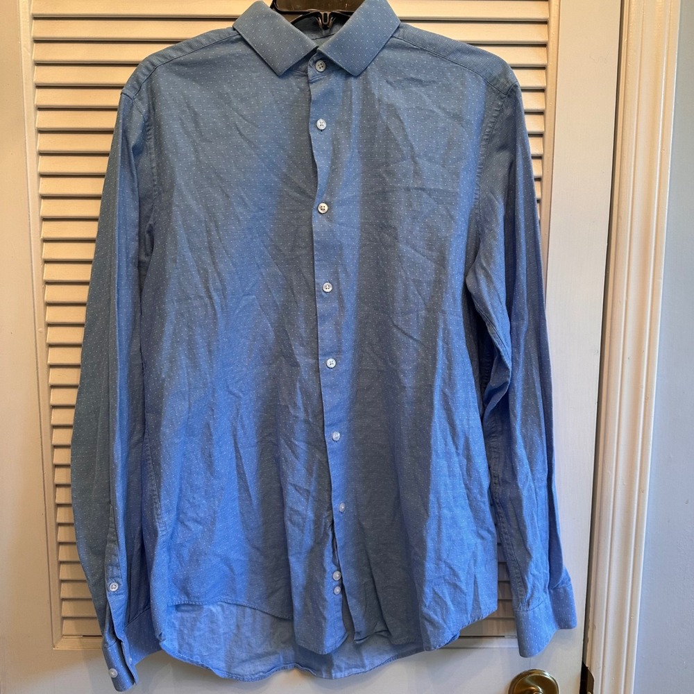 Calvin Klein‎ Slim Fit Stretch Light Blue Dot Dress Shirt Men's Large